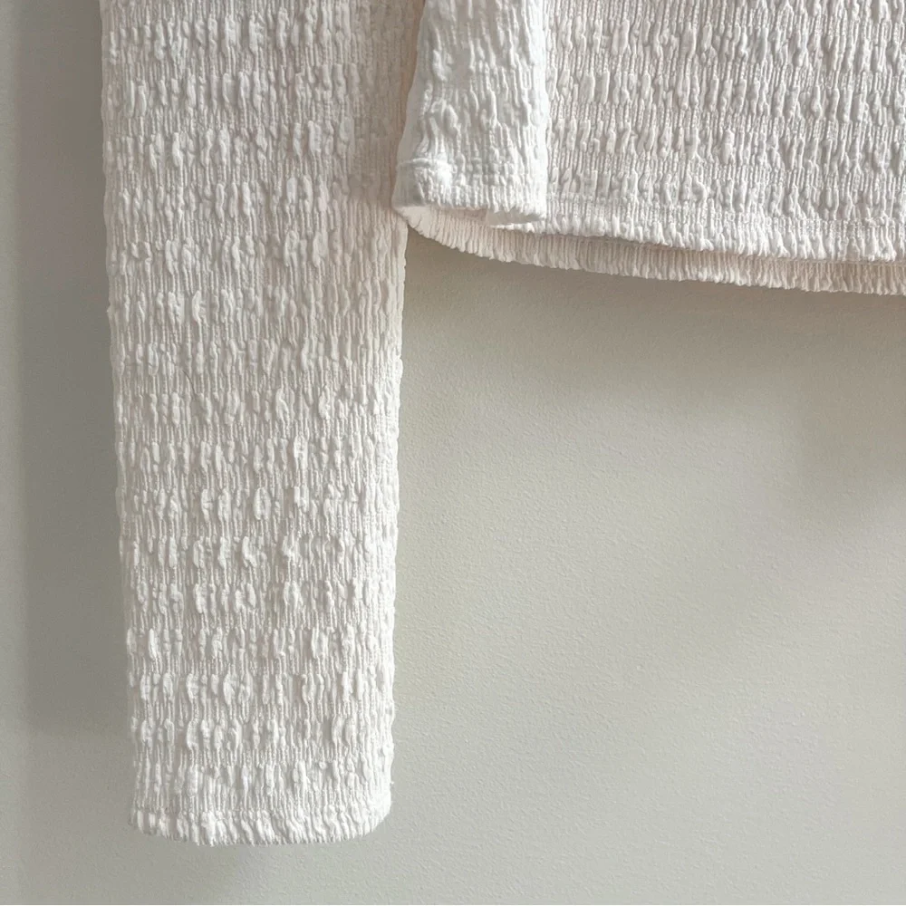 H&M White Smocked Puff Sleeve Or Off The Shoulder Long Sleeve Top XS